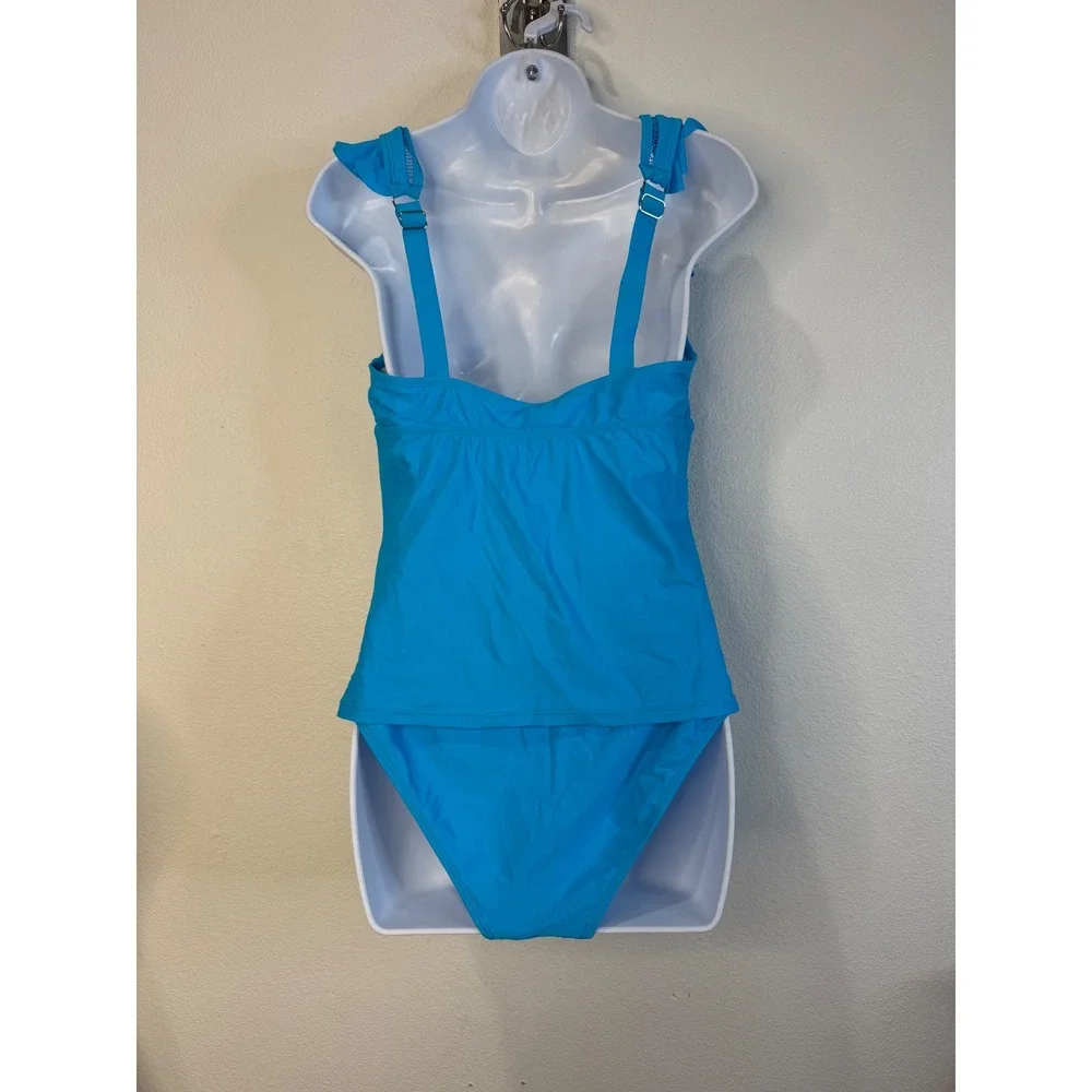 Cupshe Bright Blue Ruffle Sleeve Tankini Set High Waisted Ruched Swimsuit L